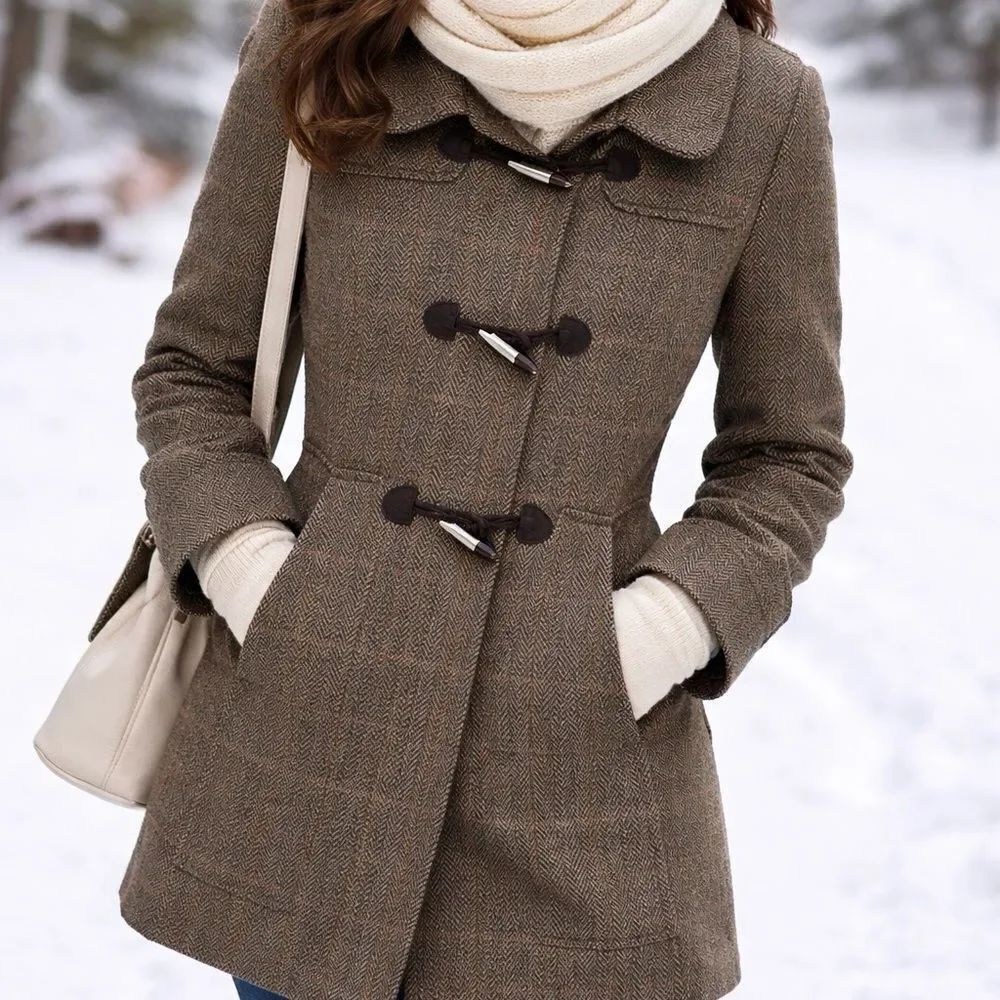Anne Klein Herringbone Toggle Coat - Brown virgin wool
